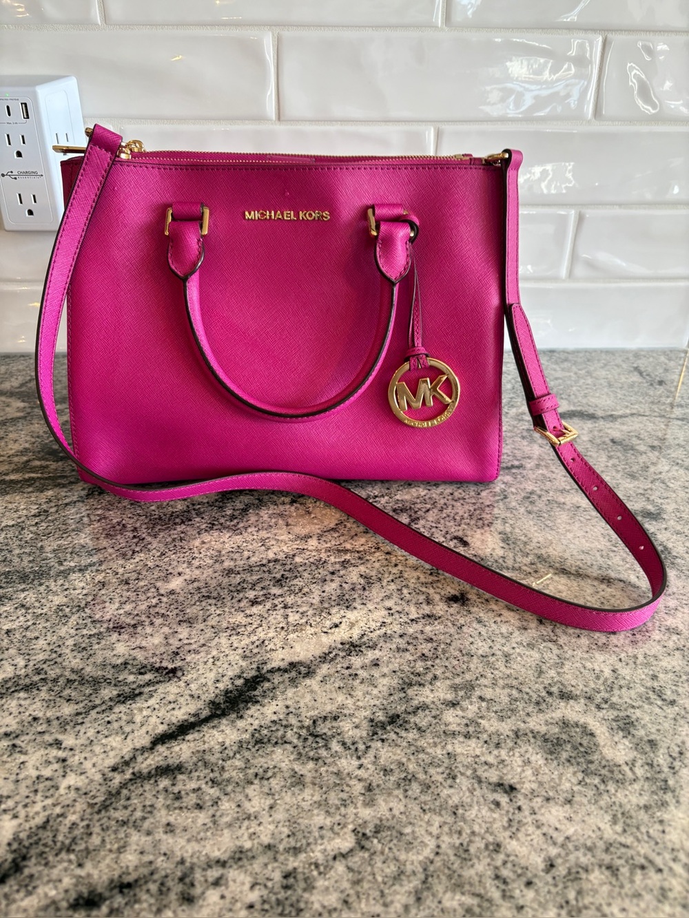 Michael Kors Fuchsia Saffiano Leather Satchel with Gold Logo Charm